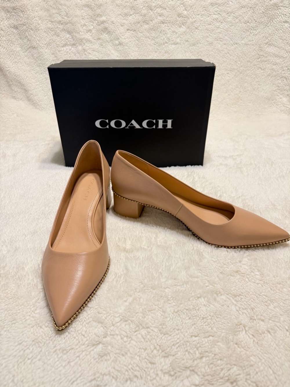 Coach Beige Leather Pointed Low Block Heel Pumps with Gold Trim